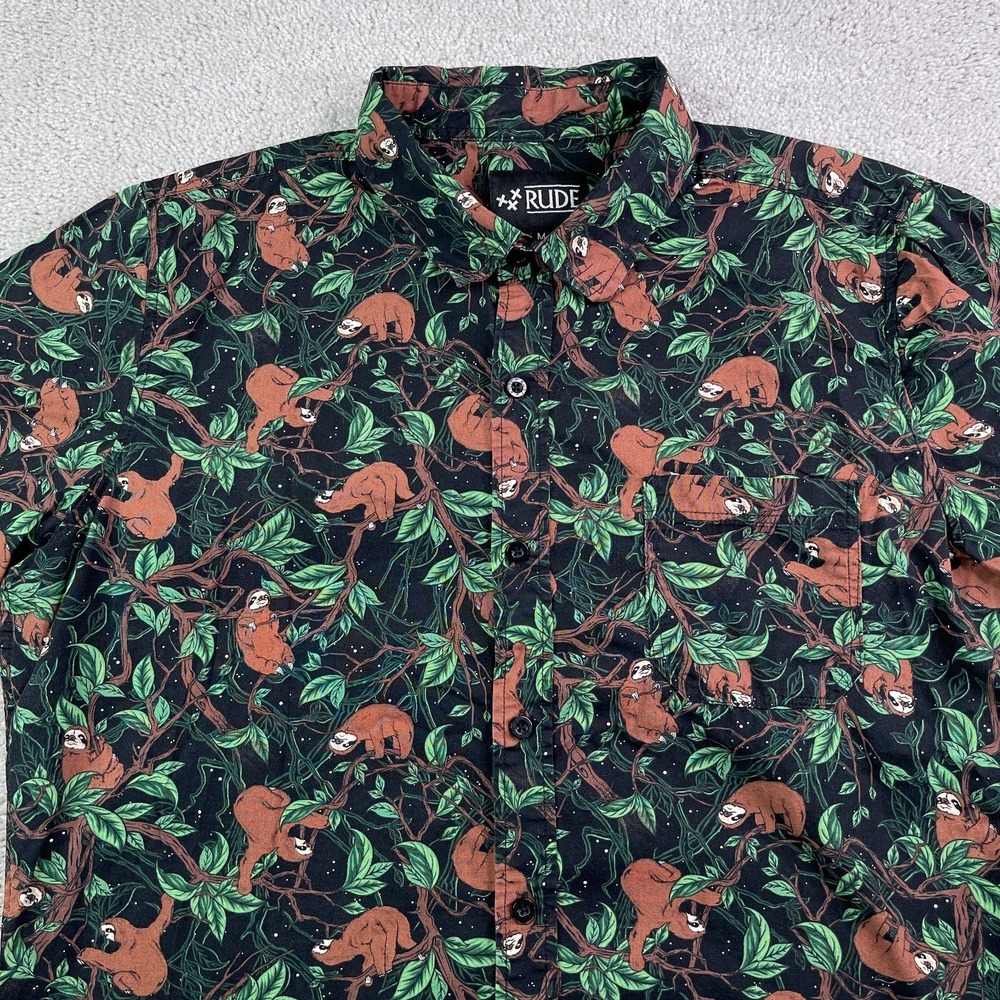 XXX‎ Rude Shirt Mens Medium Black Green Sloth Tree AOP Short Sleeve Button Up